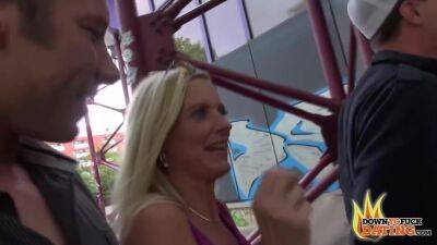 Sexy Blonde Dirty Milf Tina Swallows 2 Cocks Behind Public Building - upornia.com